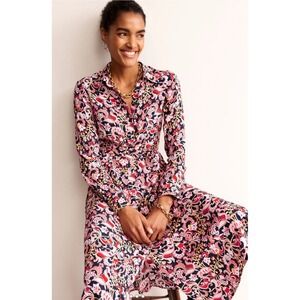 Boden Dress Womens Sz 4 Kate Soft Peony Sweat Pea Button Front Midi LS Blue Pink